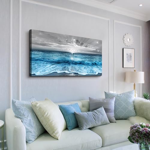 ERQINHUA Large Canvas Wall Decor For Living Room Wall Art For Bedroom Office Dining room Decorations Blue Sea Wave Ocean Paintings Beach Artworks Wall Pictures Modern Inspiration Home Decor 24"X48"