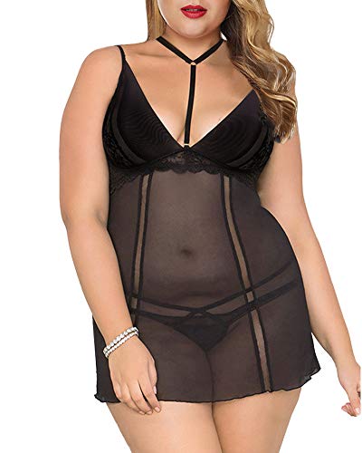 XAKALAKA Women's Plus Size Halter Choker Lingerie Set Lace Babydoll Mesh Chemise Black XXXL