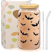 Halloween Gläser, 500ml Trinkbecher mit Deckel und Strohhalm, Fledermaus Muster Eiskaffeetasse, Helloween Glas, Kaffee Glasbecher Glas Tasse Halloween Frauen Geschenke Freunde