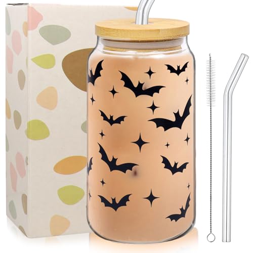 Halloween Gläser, 500ml Trinkbecher mit Deckel und Strohhalm, Fledermaus Muster Eiskaffeetasse, Helloween Glas, Kaffee Glasbecher Glas Tasse Halloween Frauen Geschenke Freunde