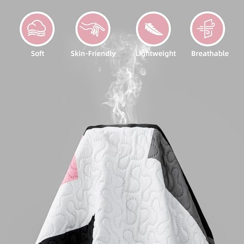 Image of Tyrot 3 Piece Pink Gray Quilt Full /Queen Size Black White Grey Bedding Set | Lightweight Bedspread, Geometric Coverlet with 2 Sham, Modern Abstract Soft Microfiber, Bed Cover for All Season, 90''x96''