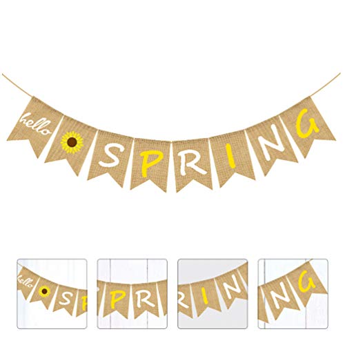 Amosfun Hello Spring Burlap Banner Rustic Spring Banner Garland Sunflower Bunting Banner Seasonal Christmas Party Decoration for Fireplace - Image 4