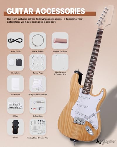 leo jaymz diy st style electric guitar kits with roasted pine body and maple neck - laurel wood fingerboardstrap and all components included st roasted pine