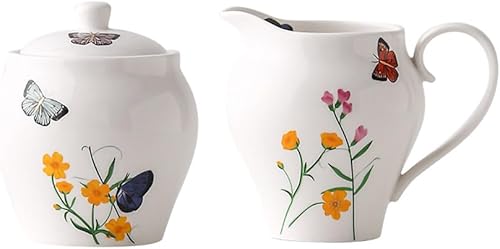 WAIT FLY Juego de crema de cerámica y azucarero de mariposa y flor, jarra de crema, azucarero con tapa, juego de servir café, juego de cuencos para