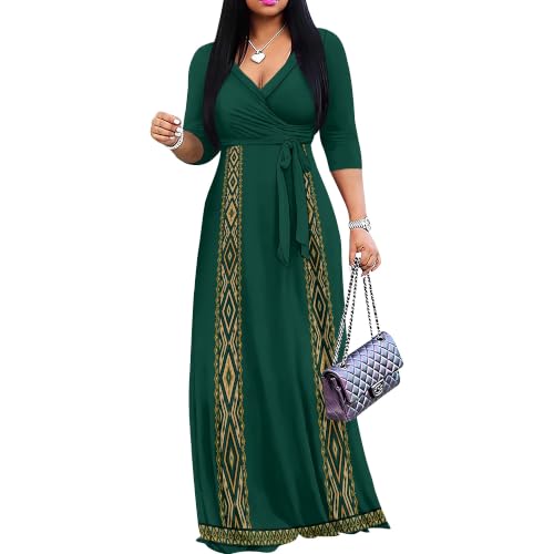 Image of Plus Size Maxi Dress for Women V Neck 3 /4 Sleeve Wrap Dress Green M | Green Floral Women's Maxi Dress for Wedding