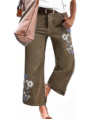Flamingals Straight Leg Pants for Women Vintage Floral Embroidery Design Casual Pants