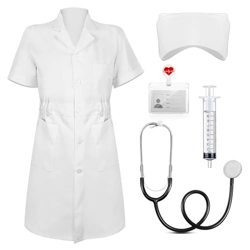 Nurse Dress Costume Set for Wome Halloween Costume Include White Short Sleeve Stethoscope Nurse Hat Halloween Cosplay (S)