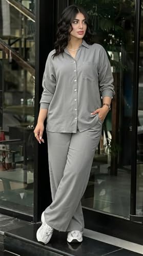 Image of Women's Solid Color Two-Piece Set | Long Sleeve Top & Wide Leg Pants Co-ord Set | Casual Wear Co ord Set