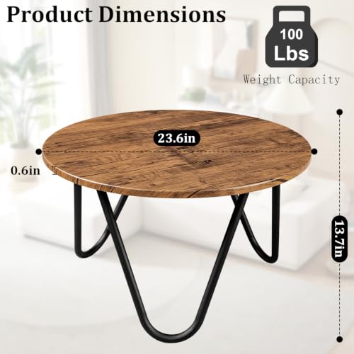 Image of Round Coffee Table 23.6 inch Wooden Circle Living Room Coffee Tables with Steel Frame Simple Modern Accent Center Table for Small Space Home Office Outdoor Light Brown