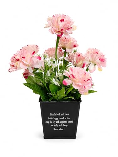 Image of Artificial Pink Carnation Flower Arrangement in Black Metal Pot, Inspirational Quote, Home Decor