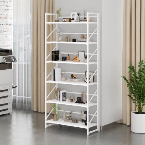 Image of JSB 6 Tier No Assembly Folding Bookshelf, 30.7 inch Wide Foldable Storage Bookcase for Home Office, Space-Saving Storage Shelf for Living Room (All White)