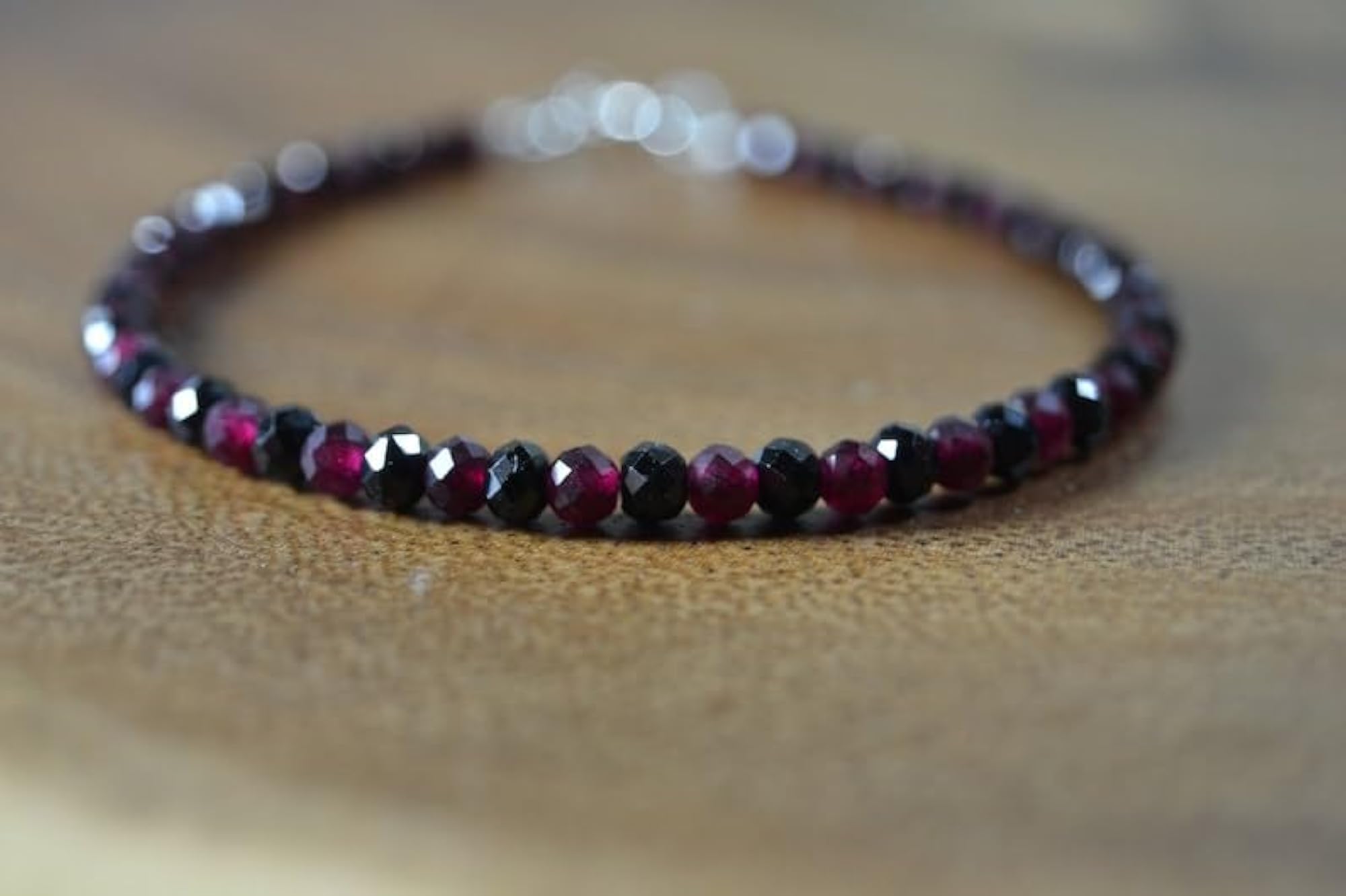 Rhodolite Garnet & Black Spinel Bracelet, Silver Plated Clasp