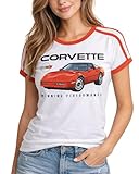 General Motors Women's Graphic Tee - Classic Printed Corvette Chevrolet with Rhinestones Short Sleeve Tee Shirt (Sizes: S-XL), Size Large, White/Bright Red