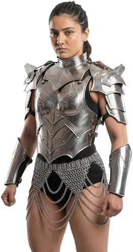 Women’s Medieval Knight Armor Costume – Silver Plate Chest Armor with Shoulder Pauldrons, Arm Guards & Chainmail Waist Skirt, Cosplay, LARP, Renaissance Fairs & Medieval Events