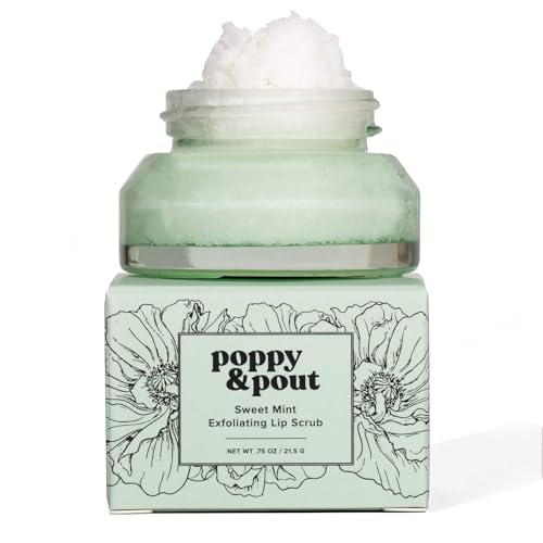 Poppy &amp; Pout Natural Lip Scrub, Moisturizing Sugar Scrub for Dry Lips, Lip Scrubber Exfoliator with Essential Oils Smooths and Hydrates Lips, In Recyclable Glass Jars, Cruelty Free - Sweet Mint