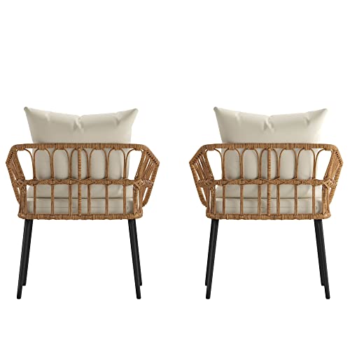 Flash Furniture Evin Set Of 2 Boho Indoor/Outdoor Patio Chairs - Natural Finish Faux Rattan Wicker - Cream All-Weather Cushions - Integrated Armrests #TOP7