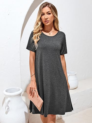 Image of Women's Summer Dresses 2026 Casual T Shirt Dress Short Sleeve Loose Flowy Sundress Swing Tunic Dress with Pockets Dark Grey