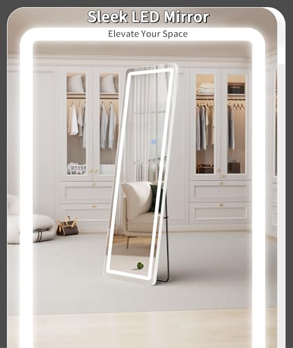 Image of Koonmi LED Full Length Mirror, 63 inchx20 inch Full Length Mirror with Lights, Lighted Floor Mirrors with Stand, Full Body Mirrors with Dimming & 3 Color Lightingfor Living Room Cloakroom, White