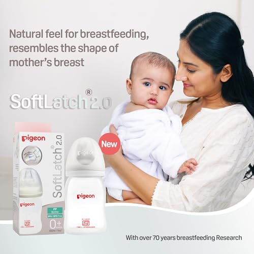 Image of Pigeon Softlatch 2.0 Wide Neck Feeding Bottle 160ML | Baby Milk Bottle for 0 Months to 3 Years | BPA-Free, Anti-Colic, Nipple Collapse-Resistant | Feeding Bottle for Kids & Toddlers (Natural Hood)