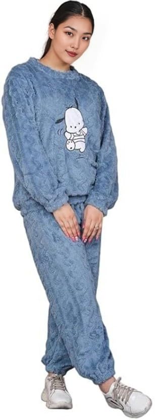 Image of Women's Fur Long Sleeve Nightsuit | Regular Fit Warm Top and Pyjama Set | Winter Wear Sweatpant Set for Women