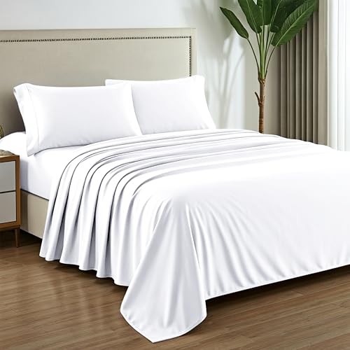 Mayfair Linen 100% Pure Egyptian Cotton Sheets Queen Size - 1000 High Thread Count Sheets Queen, 4 PC White Luxury Hotel Sheet for Queen Size Bed, 16' Deep Pocket Sateen Weave Soft Cooling Bedding Set