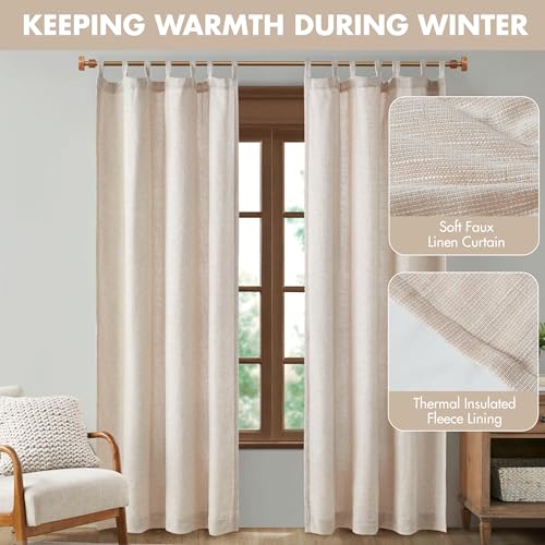 Image of Madison Park Linen Blend Curtain Window, Thermal Insulated Fleece Lining, Living Room Decor Light Filtering Drape for Bedroom, 1-Single Panel Pack Fits 1.25 inch Rod, Beals, 50x84 Tab Top, Natural