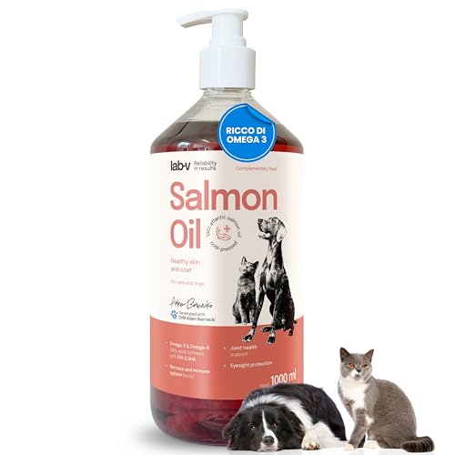 Lab-V, Aceite de salmón para perros y gatos 100% atlántico, 1 l, Omega 3 para perros, EPA DHA, saborizante, pienso para el pelo, la piel y el bienestar general