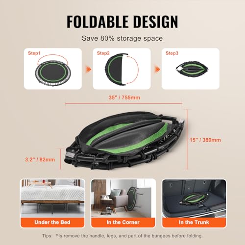 VEVOR Opvouwbare mini-trampoline, fitness, 1027 mm, trainingstrampoline, maximale belasting 150 kg, sportieve mini-trampoline voor de tuin, met schuimrubberen handgreep, in hoogte verstelbaar op 4 - Afbeelding 6