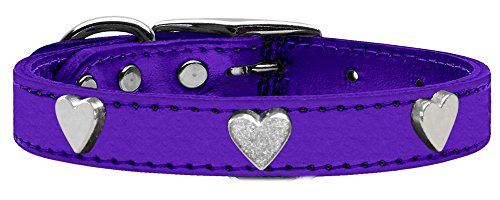 Mirage Pet Products Heart Widget Genuine Metallic Leather Dog Collar, Size 14, Purple/Silver