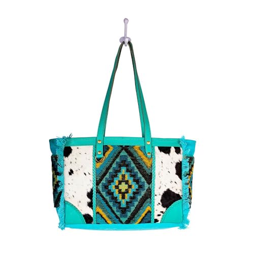 Myra Bag Shoulder Bag for Women - Western Upcycled Hairon Canvas & Leather Handbag Turquoise4