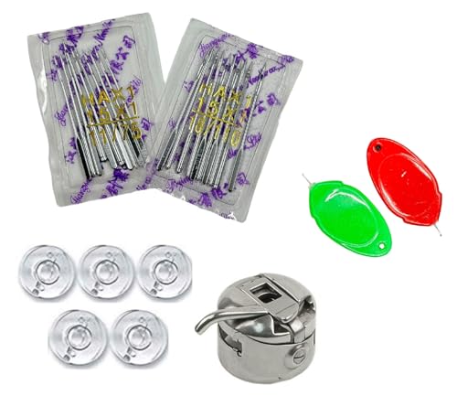 Image of ZENITH Combo of HA Size (11 /75 & 18 /110) Sewing Machine Needles (20pc) and 5pc Plastic Bobbins, 1 Bobbin Case & 2pc Needle Threader for Home Sewing Machines like Usha, Janome, SINGER, BROTHER