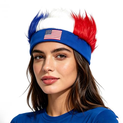 Image of Rose bud USA World Cup Soccer Wig Hair Headband Blue White Red Headband Wig for Women Men Sports Football Halloween Costume Cosplay and Party USA Flag Hat