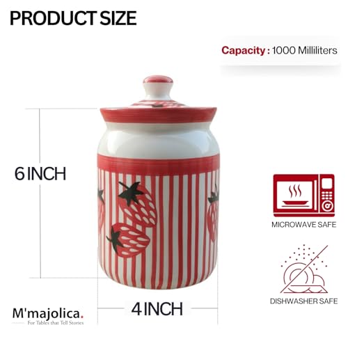 Image of Strawberry Printed Ceramic Handglazed Pickle Jars Set of 2-1000 ML Each | 1 kg Achaar Martban Barni Jar with Lid | Ceramic Storage Jar Container Pickle, Chatney