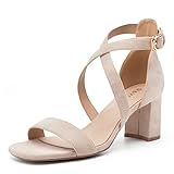 Nude Heels for Women Chunky - 2 Inch Dress Shoes Low Heel Open Toe Strappy Wedding Heeled Sandals for Prom Bridal Shoes Size 10