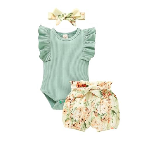 Image of Tiny Cutey Baby Girl Clothes Infant Summer Outfits Set Ruffle Sleeve Romper and Floral Shorts with Headband