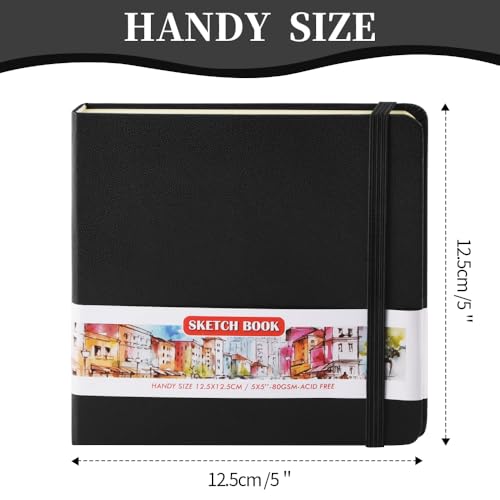 Image of 5x5 Pocket Sketch Book,80gsm Hardcover Art Sketchbook for Drawing Journal | PU Cover,Blank Paper,96Sheets /192Pages,Lay-Flat,Portable Travel Creation Paint Diary Memo Planner,Dry Media.Black