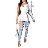 VERWIN Asymmetric Falbala Plain Mid-Length Long Sleeve Women's Blouse Backless Top Shirt L White