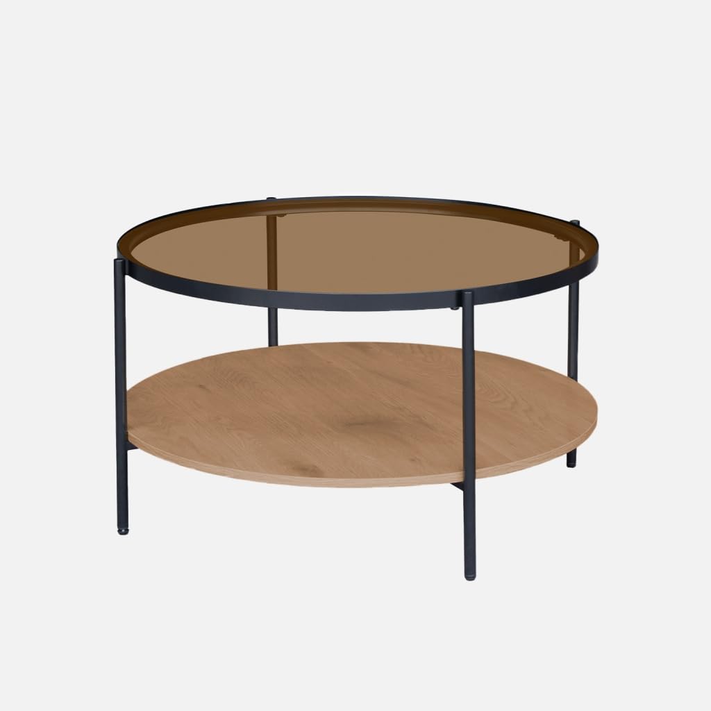 sweeek - Table Basse Ronde Double Plateau Verre. décor Bois et métal - Smooky