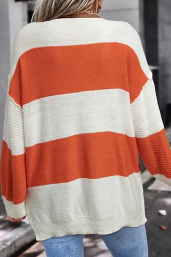 Women's Orange Stripe Color Block Drop Shoulder Bubble Sleeve Sweater2