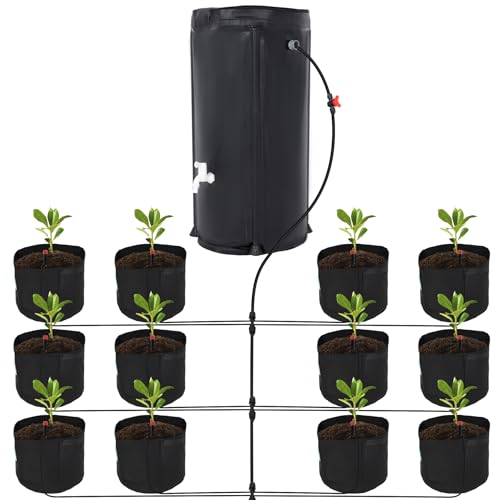 Toriexon Auto Drip Irrigation System Kits, with 13 Gallon Bucket, 25W Water Pump, 12 Drip Emitters, 12 Planting Bags for Indoor and Outdoor Automatic Watering System for Grow Tent, Greenhouse, Lawn