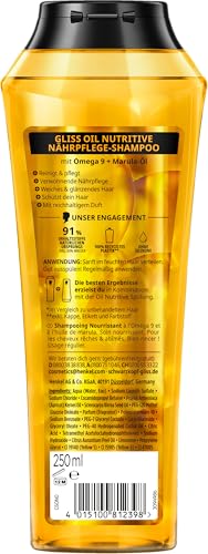 Gliss Shampoo Oil Nutritive (250 ml), Haarshampoo mit Omega 9 & Marula-Öl, Pflegeshampoo für strohiges Haar & strapaziertes Haar sorgt für Geschmeidigkeit und Glanz