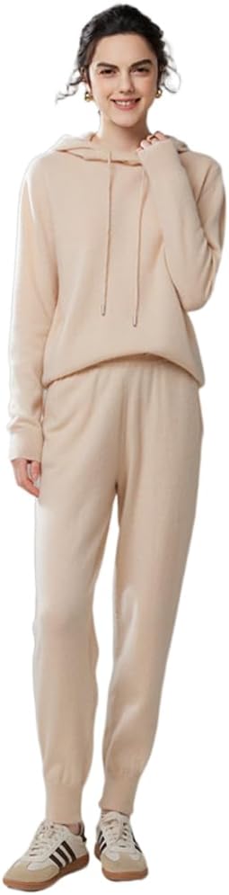 Women's Cashmere and Wool Blend Casual Knit Long Sleeve Lighweight Type Hoodie Sweater and Pants Set, 2 Pieces,