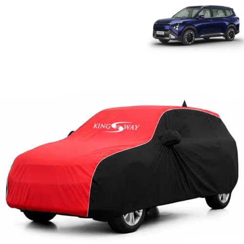 Image of KINGSWAY Super Waterproof Car Cover Only with Kia Carens Clavis (Year 2025 Onwards - All Model) | Mirror and Antenna Pockets | All Weather Car Body Cover with Silver Piping | Black Red