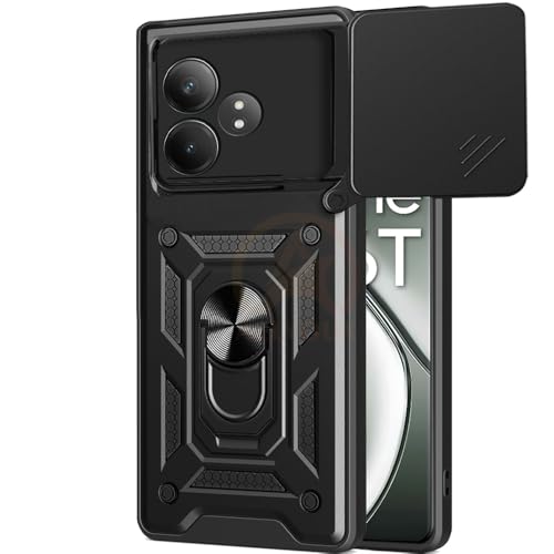 Image of Armor Bumper Back Cover Case for Realme GT 6T 5G / GT Neo 6 SE 5G Rotating Camera Cover, Ring Holder & Kickstand | Heavy Duty & 360 Degree Protection Back Cover (Black)