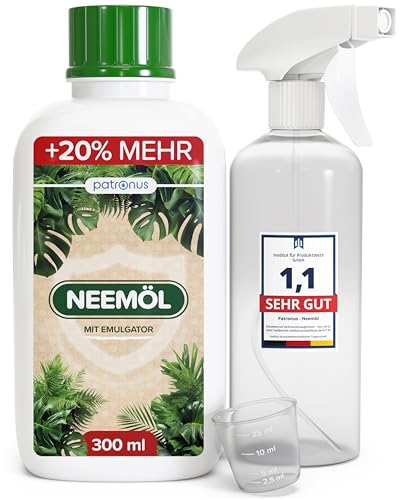 Natürliches Neemöl mit Emulgator 300 ml inkl. Sprühflasche & Messbecher Ergibt 30 L sprühfertiges Neem-Öl Spray Niemöl zur natürlichen Pflanzenpflege für drinnen & draußen