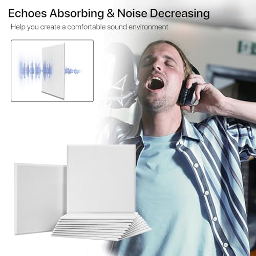 Image of Square Acoustic Wall Panels, Sound Absorbing Panels for Walls, Ceiling, Doors, 12 Pack 12 inchx12 inchx0.4 inch Self Adhesive Decorative White Acoustic Tiles for Recording Studio, Office, Room, Home