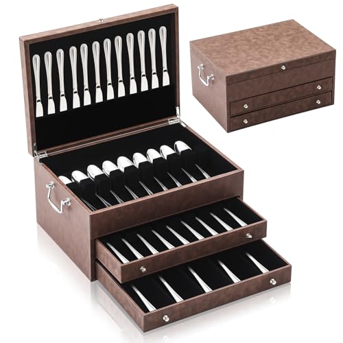 DoubleFill 3 Layer Leather Silverware Storage Box with Lid and Handles, 15.3 x 11.2 Inch, Coffee Color Flatware Organizer with Felt-lined for Utensils, Kitchen Gift