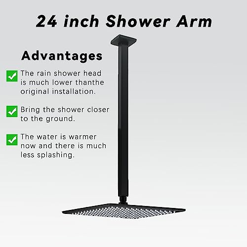 Shower Arm With Flange 24 Inches Ceiling Mount Square Straight Extender Extension Pipe Replacement, Extra Long Shower Arm For Fixed Rain Shower Head Or High Ceiling, Npt 1/2 To G1/2, Matte Black #TOP2