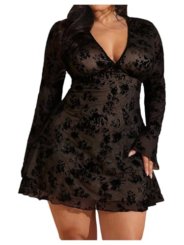 BEAUDRM Womens Plus Size Vintage Floral Mesh Mini Dress Ruffle V Neck Bell Long Sleeve Going Out Dresses Black XX-Large Plus