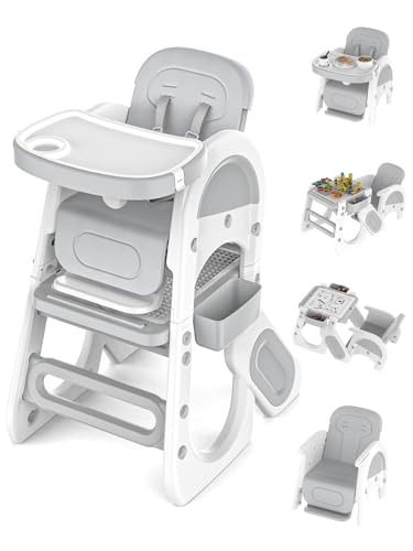 Image of Rabbit Rustler Baby & Toddler High Chair - Adjustable Seat & Footrest, Safety Harness, Building Block Table & Chair Set